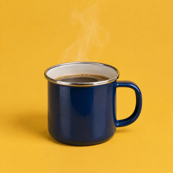 Sunrise - royalty free acoustic music track, enamel mug of coffee cover art by Music Radio Creative