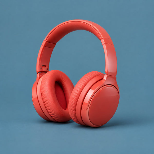 Witty Producer - royalty free corporate pop music track, red studio headphones cover art by Music Radio Creative