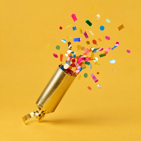 Joy is Here - royalty free rock music track, party popper cover art by Music Radio Creative