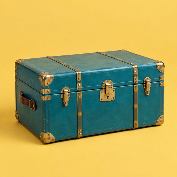 Bollywood Trip - royalty free Bollywood music track, teal steamer trunk cover art by Music Radio Creative